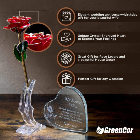 Anniversary for Her | Wife | Women – Engraved Wooden Gift Set with Crystal Engraved Heart | 24K Gold Dipped Rose